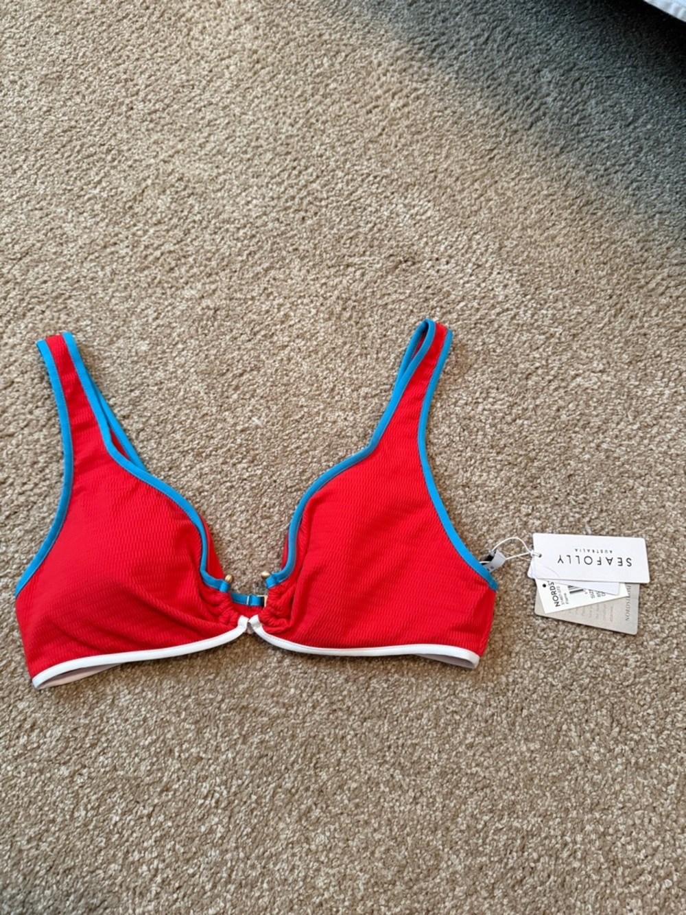 Seafolly Red Bikini Top with Blue Trim and White Band